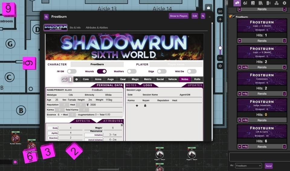 A screencapture of Shadowrun assets displayed on the Roll20 virtual tabletop